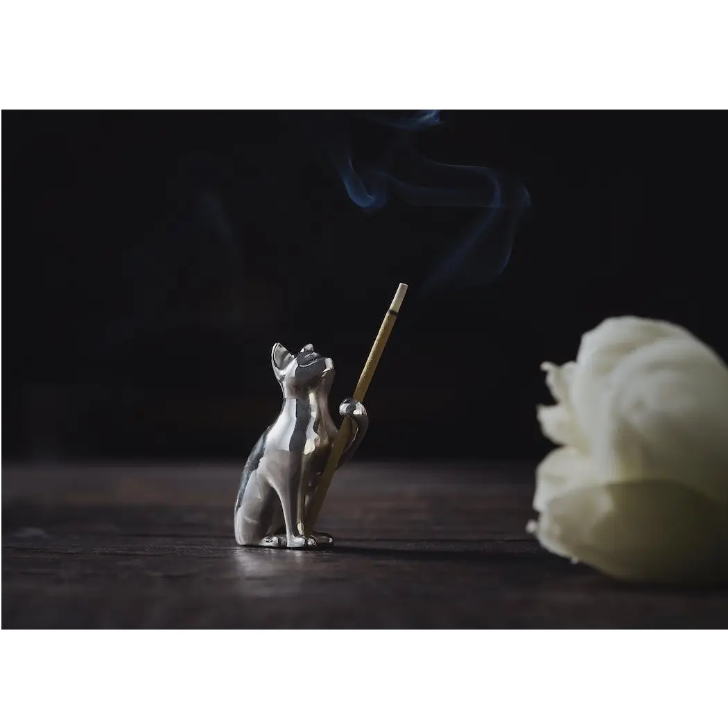 Aluminum new decoration object cat design Silver shining solid metal incense holder