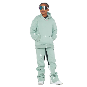 Ensemble de survêtement streetwear pour enfants, logo personnalisé, vente en gros, garçons et filles, patchwork, couleur contrastée, sweat à capuche, jogging empilé, molleton lourd - Product Image 2