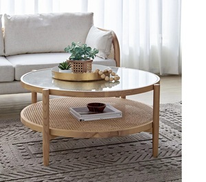 Mobilier moderne de salon de luxe Table basse ronde en bois, rotin, plateau en verre - Product Image 4