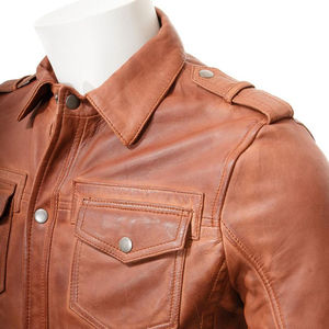 Chemise en cuir veste de Baseball chemise personnalisée en cuir véritable chemises hommes Tan - Product Image 1