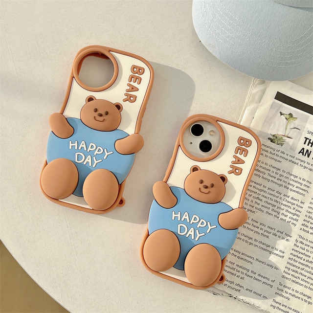 Cute 3D Bear Design Soft Silicone Phone Cases for iPhone 16 15 Pro Max Ladies Mobile Cover Shockproof Phone Case Cute Phone Case