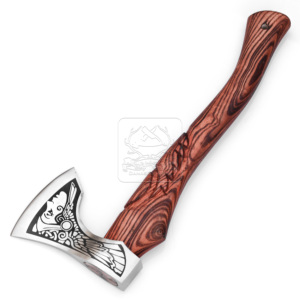 Handmade Viking Tomahawk Hatchet with Intricate Etched Designs 132 Bearded Blade Engraved Steel Hardwood Handle for <b>Camping</b> <b>Axe</b> - Product Image 5