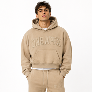 Custom Beige Oversized Cropped Hoodie <b>Men</b> Heavyweight Cotton <b>Pullover</b> Streetwear Embroidered ONE APEX OEM ODM Hoodie - Product Image 1