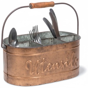 Porte-ustensiles en métal doré antique de qualité supérieure, organisateur de couverts à 4 compartiments avec poignée en bois, ovale, divisé, en vente - Product Image 2