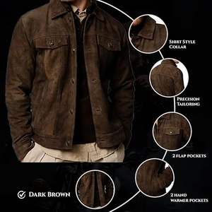 แจ็คเก็ตหนังวินเทจผู้ชายแบบพรีเมียมขายดี ปกตั้ง แต่งรอยขาด ตะเข็บตัดกัน สไตล์ไฮสตรีท ผ้าแคนวาส ขายตรง - Product Image 5