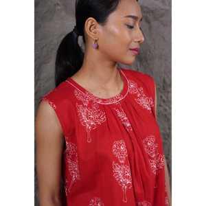 Conjunto de Kurta Casual sin Mangas para Mujer, Color Rojo Rosa, Transpirable, de Algodón/Fibra de Bambú, Cuello Redondo, para Primavera/Verano - Product Image 6