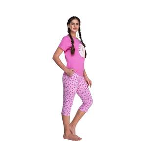 Evolove <b>Women's</b> 100% Cotton Top Tshirt <b>Pyjama</b> Set-Love Printed Capris <b>Leggings</b> Stylish Side for Daily Summer Wear ODM Supply - Product Image 4