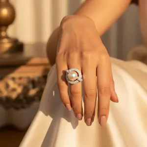 Women's Sterling Silver <b>Ring</b> with <b>Pearl</b> & Cubic Zirconia Elegant <b>Pearl</b> <b>Rings</b> - Product Image 2