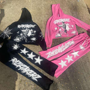 Conjunto Deportivo de Invierno para Hombre, de Algodón Grueso, con Sudadera Corta de Hombros Caídos, Diseño con Estampado Puff y Pedrería - Product Image 2