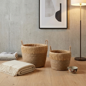 Ensemble de paniers en jonc de mer naturel et écorce de bananier avec cadre en fer, bord festonné, poignée arquée, pour bols, pots et jardinières, décoration artistique pure pour la maison - Product Image 5