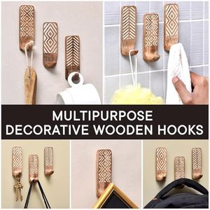 Boho Style Wooden Adhesive <b>Hooks</b> With <b>Key</b> Holder Decorative Sticky <b>Wall</b> <b>Hooks</b> for Clothing <b>Key</b> Storage No Damage to Drywall - Product Image 2