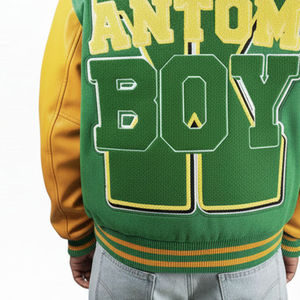 Veste universitaire verte et jaune pour homme, streetwear, veste de baseball vintage, blouson bomber, corps en laine, cuir véritable - Product Image 4