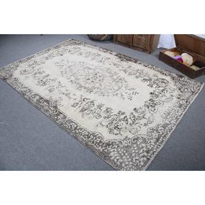 พรมตุรกีวินเทจ ขนาดใหญ่ 5.9x9.2 ฟุต พรมขนสัตว์ลายดอกไม้สีขาวเทา - Product Image 4