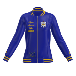 Chaqueta universitaria de cuero Sigma Gamma Rho Sorority, estilo casual con bloques de color, cierre de cremallera y logotipo bordado. - Product Image 1