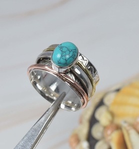 925 Sterling <b>Silver</b> Blue Turquoise <b>Spinner</b> <b>Ring</b> December Birthstone with Oval Shape Rhodium Plated Wedding Jewelry 925 Stamp - Product Image 4