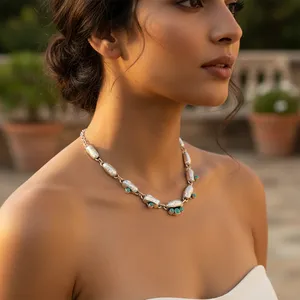 Collier en argent 925 avec perles et turquoise pour femmes, bijoux de mode classiques avec chaîne de perles d'ancre et de chiffres - Product Image 3