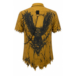 <b>Gothic</b> Men's Short Sleeve Shirt With Owl Print Chain Detail Distressed Style Oversized Fit Woven Polyester Yellow Black Pattern - Product Image 3