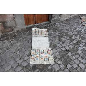 Tapis Vintage Turc Rustique Blanc 2 X 5,4ft Patchwork Unique Accent Décoratif pour Bohème Ferme Style Maisons - Product Image 2