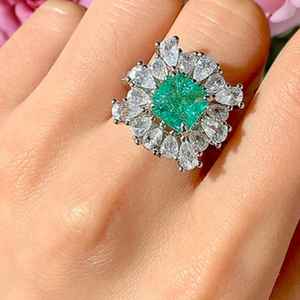 Stunning Paraiba Tourmaline Ring Glowing Neon Blue Flower Cocktail Ring 925 Silver Carbon Moissanite Halo October Birthstone - Product Image 1