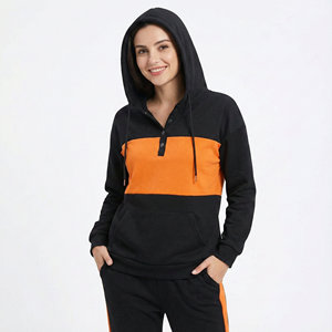 Women's Casual Wear Stylish Color Block Hoodies Henley Button Sweatshirt Pullover All Season Wholesale Price Own Brand Hoodies - Product Image 1