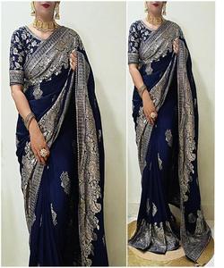 Saree indien pour mariage Velours de soie, organza, dentelle de fleurs avec séquence et chemisier - Product Image 5