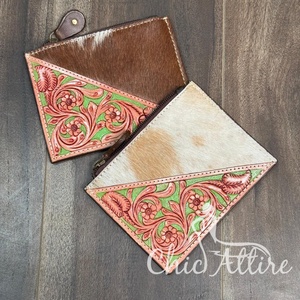 Venta al por mayor de moda señoras mano Tooled cuero tarjeta de crédito efectivo Mini cartera cremallera portátil pequeño monedero de cuero de vaca genuino - Product Image 1