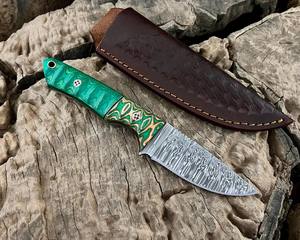 Couteau EDC à lame fixe en acier Damas fabriqué par OEM, pointe tombante, manche en bois vert, fourreau vertical, lame pleine, couteau de chasse et de camping - Product Image 3
