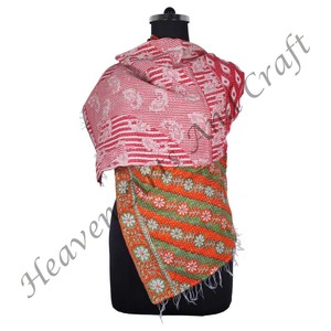 SC1019 Vintage Kantha Work Cotton Handmade <b>Scarf</b> Trendy Design Girls Allover Hand Stitched Plain Style <b>Long</b> Length - Product Image 5