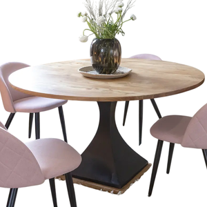 Mesa de Comedor Redonda de Madera Maciza Industrial y Metal, Base de Pedestal de Madera de Mango, Negra y Natural, para Hogar, Cocina, Bar, Restaurante - Product Image 2