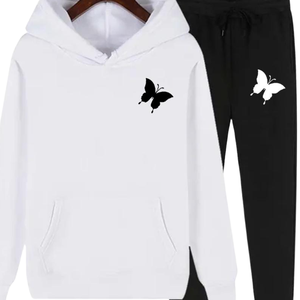 Ensemble de survêtement à capuche imprimé papillon pour femmes et filles, jogging en molleton noir et blanc, tenue de sport décontractée streetwear, tenue d'hiver chaude - Product Image 3