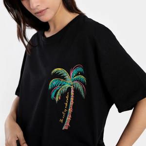 Premium 230 GSM algodón negro gota hombro camiseta para mujer logotipo personalizado bordado transpirable ecológico para todas las estaciones - Product Image 4