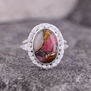Bague en argent 925 fait à la main avec lunette de designer Mohave rose opale cuivre Cabochon pierre précieuse 10x14mm solide plaqué rhodium bijoux fins - Product Image 1