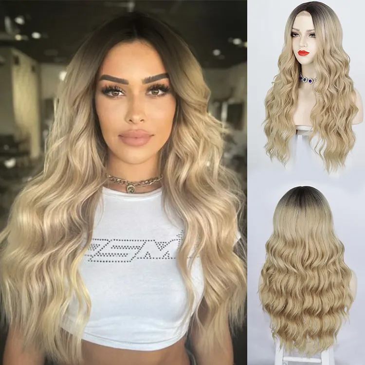 Vigorous Long Blonde Body Wave Full Synthetic Lace Wigs for Black Women Middle Part Ombre Dark Root Heat Resistant Fiber Wig