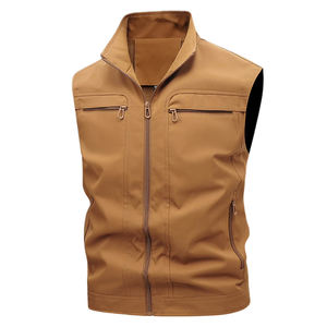 Gilet à coque souple pour hommes couleur marron col montant quatre poches zippées épaule arrondie gilet Softshell imperméable - Product Image 1