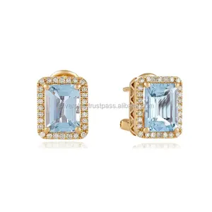 Natural 18 k Solid Gold Natural Diamond Earrings Aquamarine Earrings Available At Affordable Price