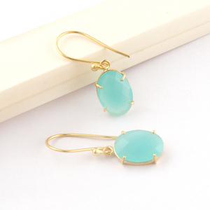 Boucles d'oreilles élégantes et simples en forme de damier avec pierres précieuses en quartz aqua, plaqué or, forme ovale, boucles d'oreilles pendantes - Product Image 3