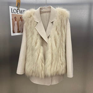 Abrigo de cachemira XL de moda para mujer con chaleco de piel de zorro desmontable de cuello alto, tejido transpirable teñido con estampado de piel sintética de cuello alto largo - Product Image 1