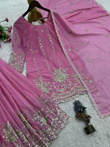 ชุดคุर्ติ ชาราร่า ผ้าไหมปักลายแบบดั้งเดิม สีม่วง สวยงาม ดีไซน์อินเดีย ปากีสถาน สำหรับชาวเอเชีย ขายส่ง - Product Image 3