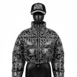 Chaqueta acolchada de diamantes de imitación Premium para mujer, chaqueta acolchada con logotipo personalizado acolchado negro brillante de poliéster de alta densidad 340GSM para mujer - Product Image 1