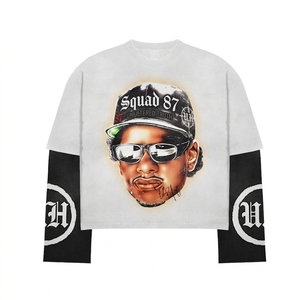 Camisa premium de algodón de doble capa de 240 GSM, negra, con paneles de manga con estrellas, gráfico vintage, logotipo personalizado, camisas de doble capa - Product Image 5