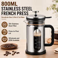 Cafetière à piston en acier inoxydable de 800 ml avec verre borosilicate, filtre 304 et couvercle à pression – Vente en gros