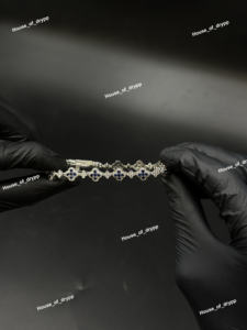 Silver Floral Link <b>Bracelet</b> With Blue <b>Moissanite</b> Diamond Look Stones Iced Out Design Elegant Chain Jewelry For Women Party Wear - Product Image 3