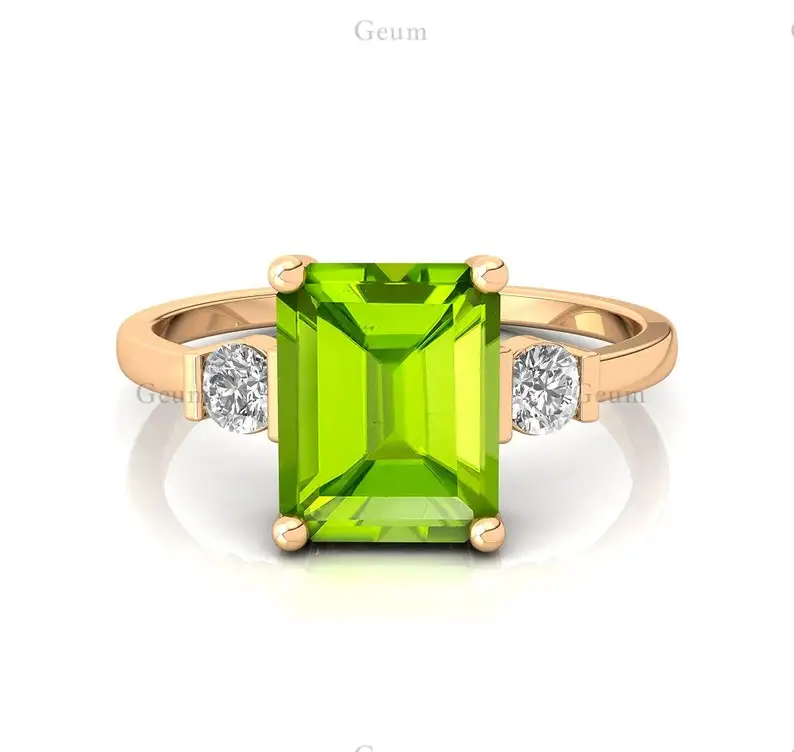 Mais recente Moda Peridot Gemstone Solid 14k Anel De Ouro Natural Pave Diamante Atacado Anéis De Noivado Luxuoso Jóias De Noiva OEM