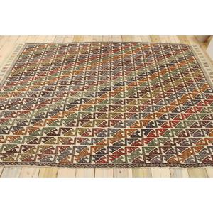 Tapis en laine Ikat turc vintage rouge 5,9x8,7 pieds, design patchwork écologique avec envers en latex - Product Image 2