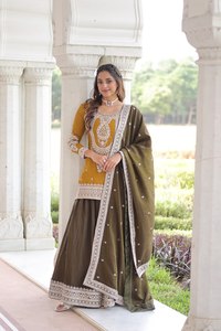 Ensemble Sharara pour femmes, style ethnique indien, en soie NC, avec sequins, broderie, extensible, infroissable, séchage rapide, coupe ample - Product Image 2