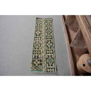 Alfombra turca Vintage tradicional verde marrón 1,3x4,2 pies tejido plano diseño de retazos Material de lana respaldo de látex para sala de estar - Product Image 1