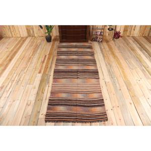 Turkish Rug, Runner 3.4x9.5 ft Vintage Rug, <b>Brown</b> Geometric <b>Wool</b> Rug - Product Image 1