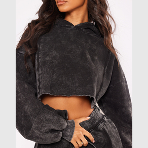 High Quality Cotton Acid Wash Cropped Hoodie Quick Dry Breathable Solid Pattern New Arrival <b>Black</b> Raw Hem Front Winter Essential - Product Image 4