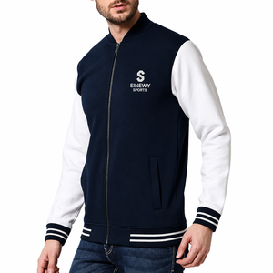 SINEWY SPORTS <b>Men's</b> Navy <b>White</b> Varsity <b>Jacket</b> Zipper Front Embroidered Logo Preppy Style Regular Fit Autumn Wear - Product Image 5
