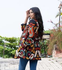 Veste d'hiver bohème longue à manches longues pour femme noir teint brodé 100% coton avec méthode de tissage non tissé - Product Image 2